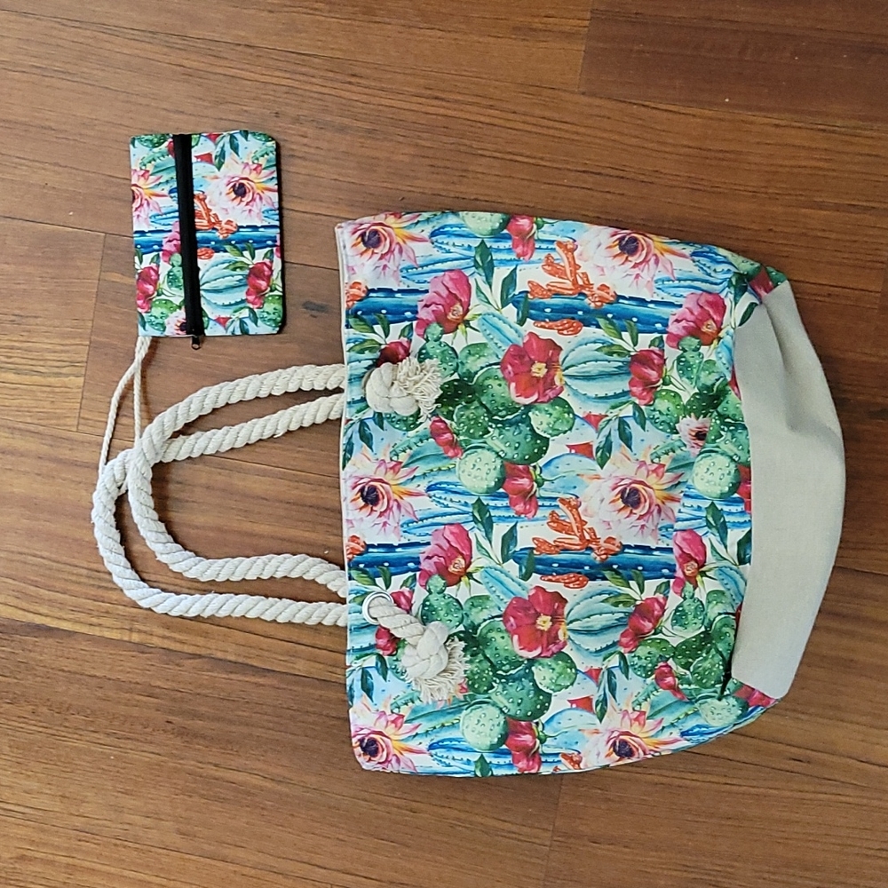 Tote bag, cactus flower pattern, with matching ID/cellphone pouch